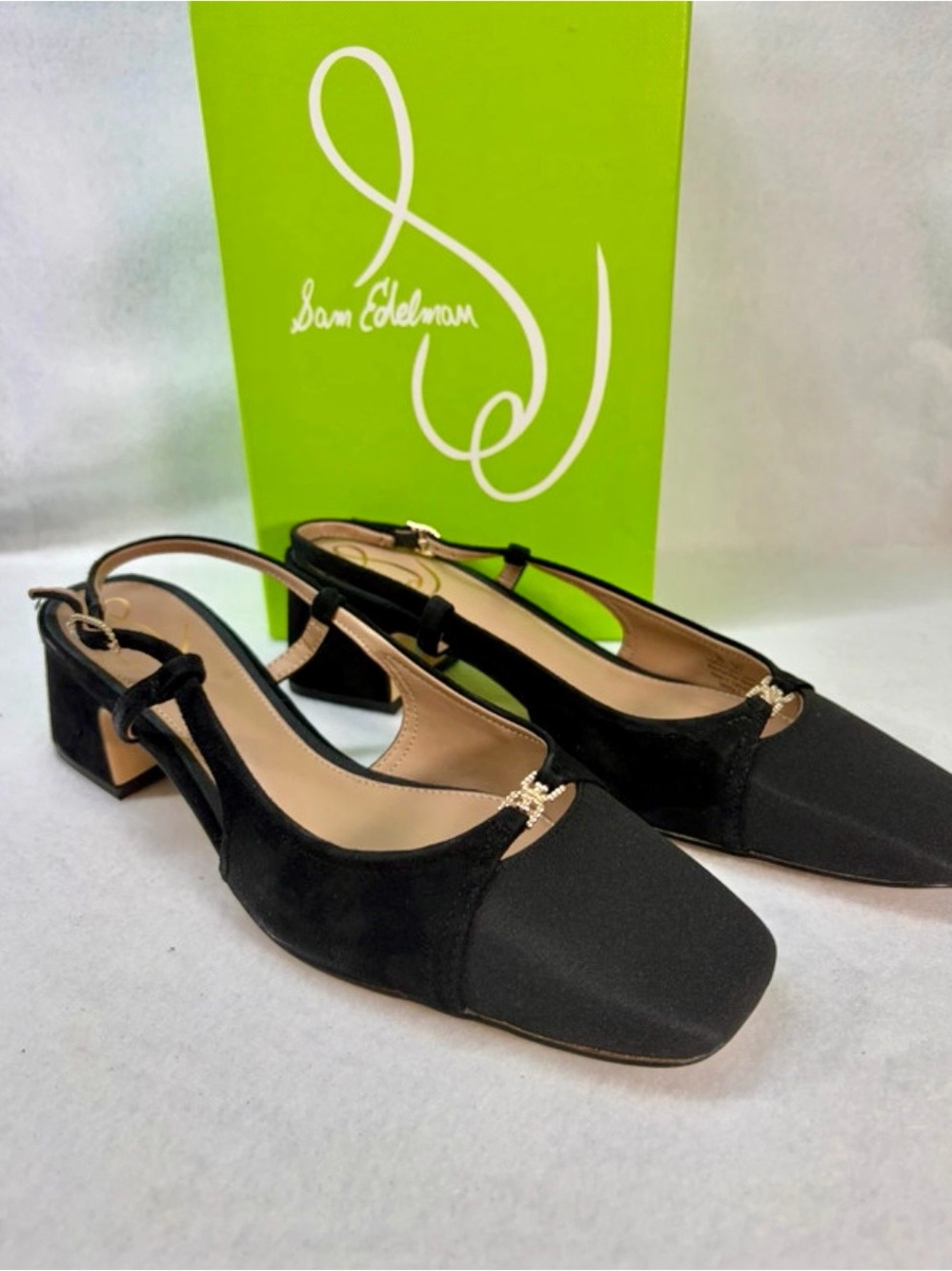Sz 8 Tarra 2 Sam Edelman Black Slingback Square Toe Block Heel Mules